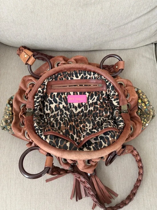 Betsey Johnson Brown Floral Drawstring Shoulder Bag with Braided Handles - Picture 2 of 3